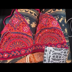 Free people cloth embroidered halter bra